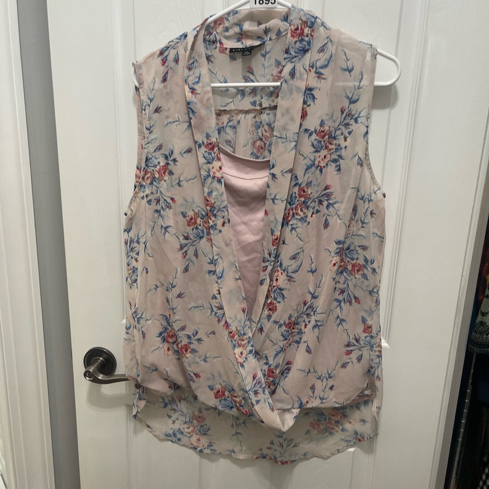 Sara Michelle Floral Drape Blouse - Cream and Blue - Picture 5 of 14